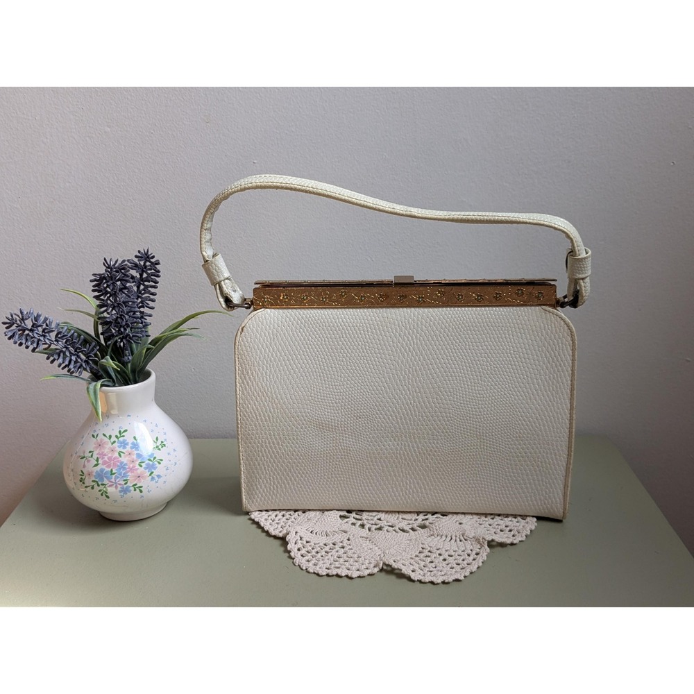Vintage 1950s Ivory Handbag Jeweled Gold Frame Turquoise Purse